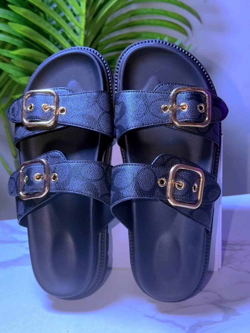 Women’s Black Double-Buckle Slide Sandals with Gold Accents